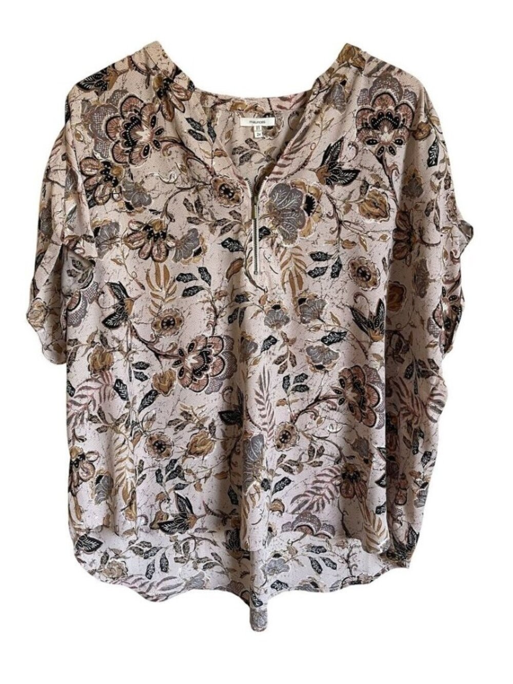 Floral Zip Front V-Neck Short Sleeve Top Tan Black Polyester - Picture 1 of 2